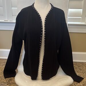 Ann Taylor Factory Black Open-Front Cardigan with Pearl Trim